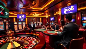 Experience the thrill of registration at GO8 in a luxurious casino setting with poker tables and slot machines.