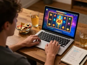 Pemain terlibat dengan permainan slot online melalui link gacor di rumah, menunjukkan kegembiraan dan strategi