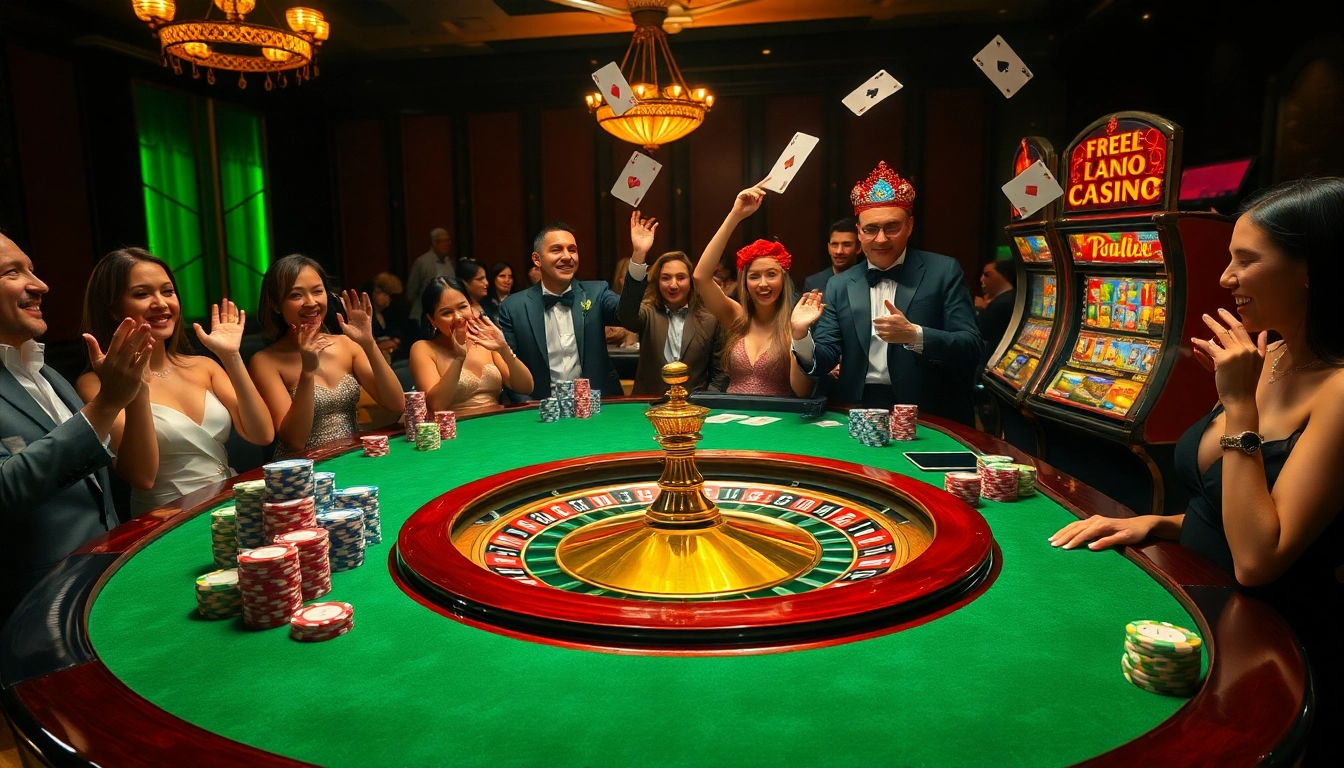Scène engageante de joueurs dans un casino en ligne français luxueux, mettant en valeur des jetons de poker et une roue de roulette