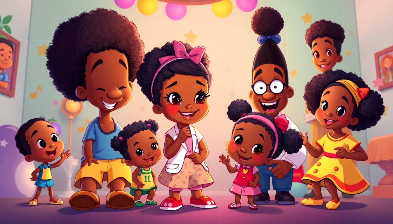 A colorful illustration of African American cartoons, showcasing beloved characters like Huey and Riley from The Boondocks and Doc McStuffins, celebrating diversity in animation.