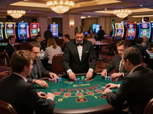 Players engaging with high-stakes games at 388bet casino floor, showcasing vibrant atmosphere and strategic gameplay