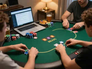 Players engaging in a dynamic online poker game viewing the hidden wiki links on a laptop in a cozy setting