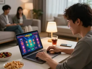 Engaging online gambling experience on rokok88 with a player using a laptop in a cozy home.