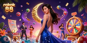 Play and win with rokok 88 in a vibrant casino-themed scene filled with dynamic lottery elements.