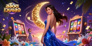 Win big with สล็อตเว็บตรง featuring a glamorous casino scene and vibrant slot games.