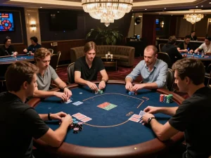 Players engage in a high-stakes poker game in the glamorous VIP area of 8kbet casino.