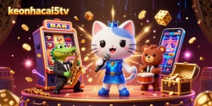Experience the thrill of keonhacai5tv with vibrant casino visuals and energetic characters.