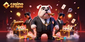 Visuel dynamique d'un casino en ligne avec un bulldog mafia et deux Dobermans, représentés dans une ambiance festive.