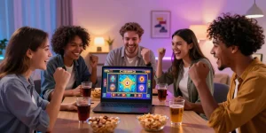 Pengalaman gaming seru dengan cipung138, sekelompok teman bermain slot online di ruang tamu modern.
