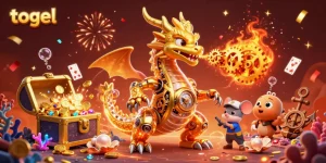 Experience thrilling togel gameplay with a golden dragon, treasures, and vibrant casino elements.