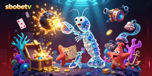Sbobetv showcases a dynamic underwater casino scene featuring galactic characters and vibrant gaming elements.