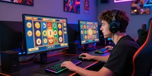 Engaged player at thekingarthur.co.uk playing bonus buy slots on a modern gaming setup with vibrant visuals.