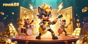 Experience rokok88's thrilling gaming atmosphere with a dynamic scene featuring a rock star wolf and vibrant casino treasures.