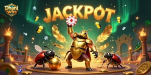 Dhani win offers exciting games; a hercules beetle celebrates hitting a jackpot in this engaging illustration.