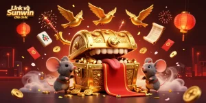 Engage with Link vào Sunwin chính thức, featuring an exciting illustration enticing adventurer mice with riches.