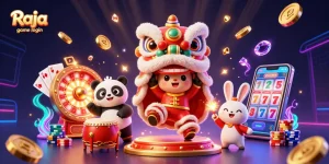 Engage with Raja game login through a vibrant scene of casino excitement featuring a lion dance.