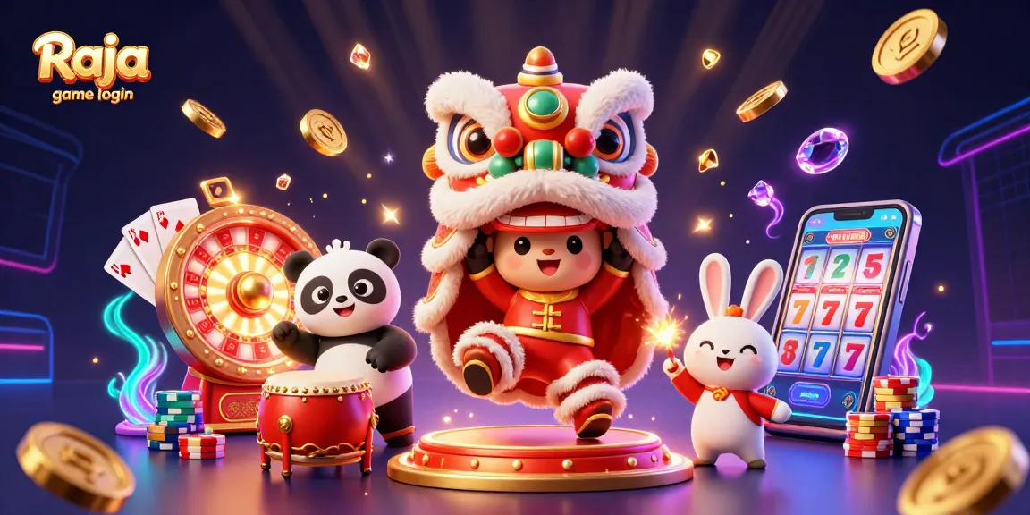 Engage with Raja game login through a vibrant scene of casino excitement featuring a lion dance.
