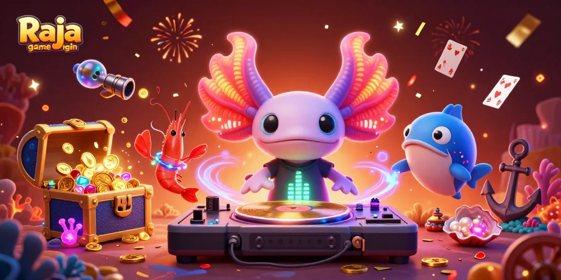 Join the excitement of Raja game login with vibrant 3D illustration featuring casino-themed characters and elements.