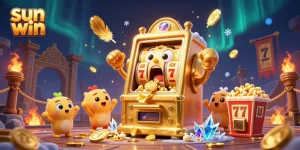 The sun win slot machine hits a jackpot amidst cheering characters and festive casino elements.
