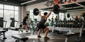 Strong individual lifting weights in a vibrant gym, embodying the Driada Medical Shop lifestyle of fitness and wellness.