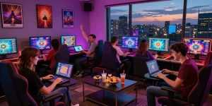 exciting gaming session at credit card casinos at https://eatm.org.uk with friends using laptops and colorful screens