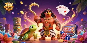 Experience thrilling gameplay and vibrant visuals at Jai club with a cartoon Polynesian demigod and casino elements.