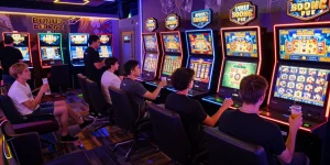 Engaging gaming lounge at https://aboutderbyshire.co.uk showcasing players enjoying Bonus Buy Slots with vibrant lighting.