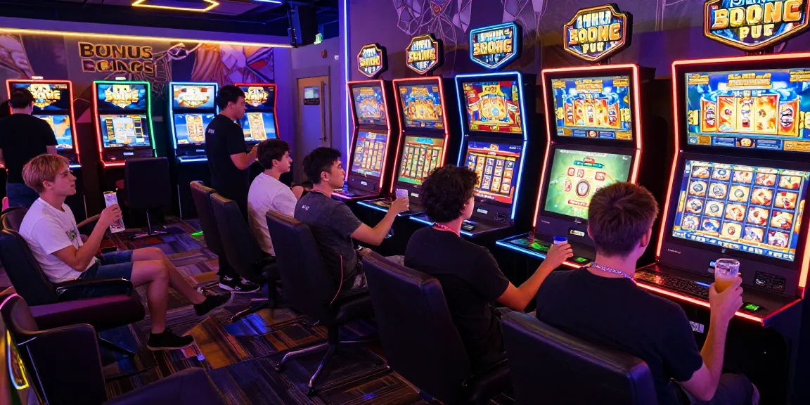 Engaging gaming lounge at https://aboutderbyshire.co.uk showcasing players enjoying Bonus Buy Slots with vibrant lighting.