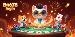 Engage with Bg678 login as a cartoon mad scientist cat creates wealth at a vibrant casino scene.
