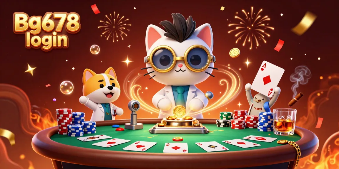 Engage with Bg678 login as a cartoon mad scientist cat creates wealth at a vibrant casino scene.