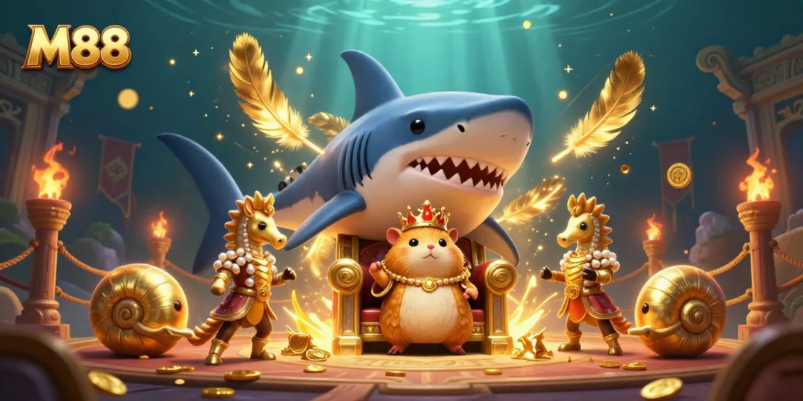 M88 offers exhilarating action in a dynamic underwater casino scene with vibrant characters and betting elements.