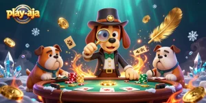 Engage in thrilling poker action with play-aja’s vibrant detective scene, featuring cards and gold tokens.
