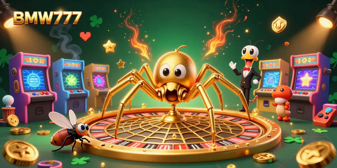 Experience BMW777's thrilling casino action with a golden spider and centipede in an exciting 3D illustration.