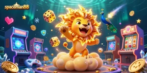 Play spaceman88 with vibrant visuals featuring a roaring lion, cosmic dice, and dynamic gaming elements.