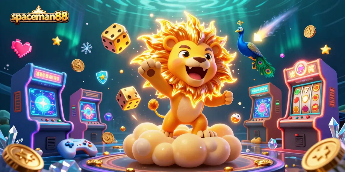 Play spaceman88 with vibrant visuals featuring a roaring lion, cosmic dice, and dynamic gaming elements.