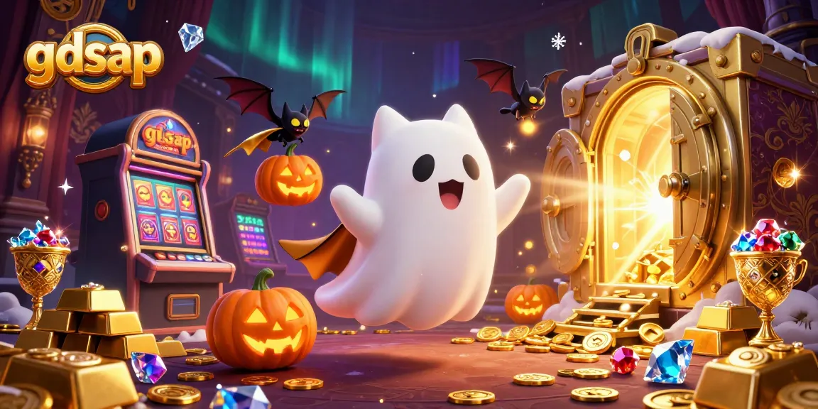 Explore gdsap's haunted casino scene with a ghost cat and treasures floating in a rich environment.