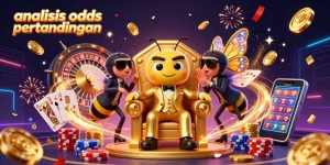 Illustration of the "analisis odds pertandingan" scene depicting a bee mob boss with casino elements engaging in sports betting.
