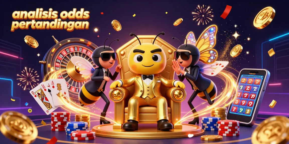 Illustration of the "analisis odds pertandingan" scene depicting a bee mob boss with casino elements engaging in sports betting.