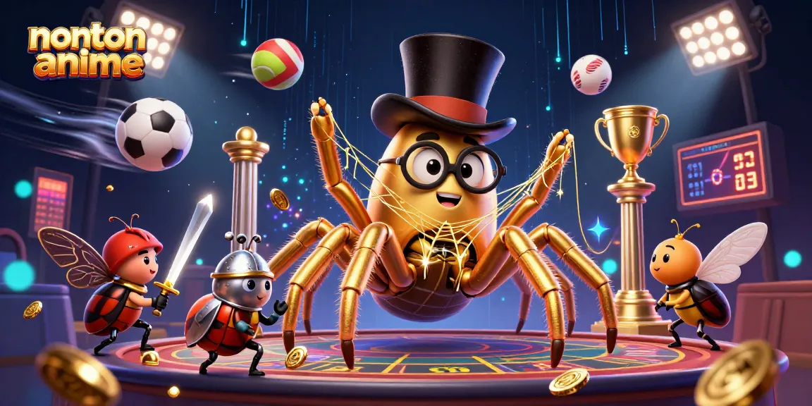 Spin the reels and watch as nonton anime characters interact with casino elements in a vibrant scene.