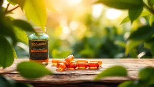 Showcasing astaxanthin antioxidant capsules among vibrant green leaves, symbolizing health.